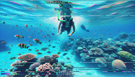 Snorkeler exploring a vibrant coral reef with colorful fish in a high-definition snorkeling desktop wallpaper and background.