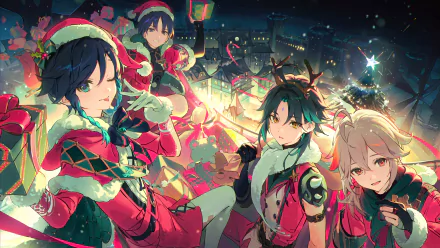 4K Ultra HD Genshin Impact wallpaper featuring Xiao, Scaramouche, Kaedehara Kazuha, and Venti in festive holiday attire with vibrant night city lights.