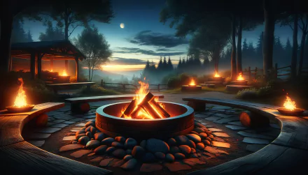 A cozy fire pit surrounded by stones, with glowing flames amidst a serene twilight forest. This HD wallpaper captures a tranquil outdoor setting.