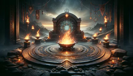 Enchanting fantasy fire pit HD wallpaper with mystical symbols and mountain backdrop for desktop background.