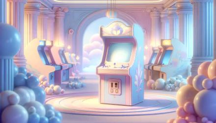A serene arcade scene featuring a central arcade machine surrounded by pastel-colored clouds and arcade consoles, creating a whimsical HD desktop wallpaper and background.
