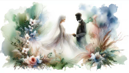 Romantic wedding-themed HD desktop wallpaper featuring an illustrative bride and groom amidst a floral watercolor background.
