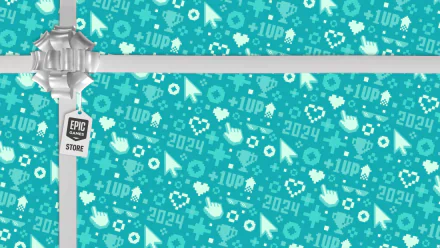HD PC desktop wallpaper background: teal gaming pattern of 1UP, pixel hearts, cursors and 2024 icons, trimmed with a silver ribbon and an Epic Games Store tag.