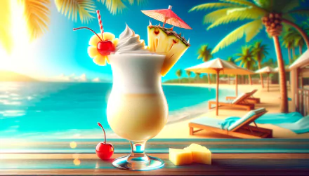 HD wallpaper featuring a Pina Colada with a cherry and pineapple garnish on a tropical beach backdrop.