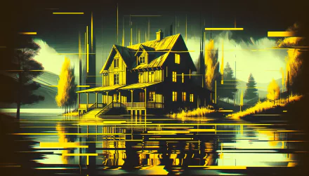 HD wallpaper featuring a stylized illustration of a lake house at dusk with glowing yellow and teal hues and serene water reflections.