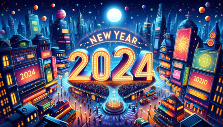 A vibrant HD desktop wallpaper featuring a festive cityscape celebrating New Year 2024, illuminated with colorful lights and lively cosmic elements.