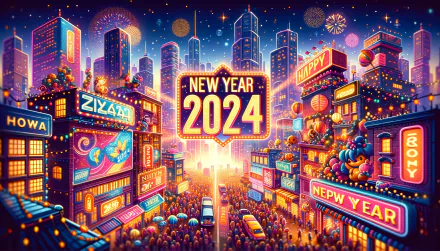 Colorful HD New Year 2024 celebration wallpaper with vibrant cityscape and fireworks display.