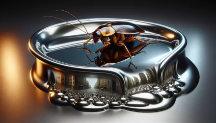 A highly detailed HD desktop wallpaper featuring a cockroach reflected in shimmering liquid, creating a surreal and artistic composition.