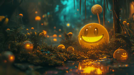 A whimsical yellow smiley surrounded by glowing orbs and lush greenery, creating a vibrant and cheerful HD desktop wallpaper and background.