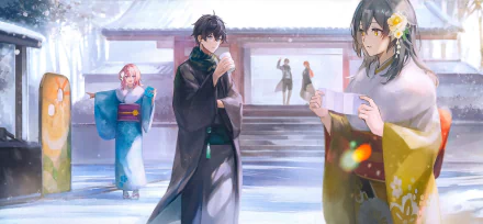 2K Quad HD PC desktop wallpaper of Honkai: Star Rail — Stelle and Dan Heng in kimonos at a snowy shrine celebrating March 7th, warm lantern light and drifting snow.