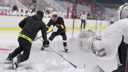 Hockey players competing on ice in NHL 24 video game, high-definition desktop wallpaper.