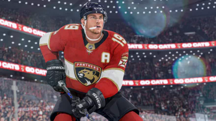 HD desktop wallpaper featuring a focused ice hockey player from NHL 24 video game with a vibrant stadium background.