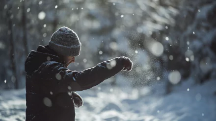 Man in winter clothing enjoying snowfall in a snowy forest, HD desktop wallpaper and background.