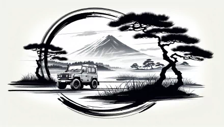 A stylized black and white illustration featuring an off-road vehicle traversing a scenic landscape with mountains and trees, designed as an HD desktop wallpaper and background.