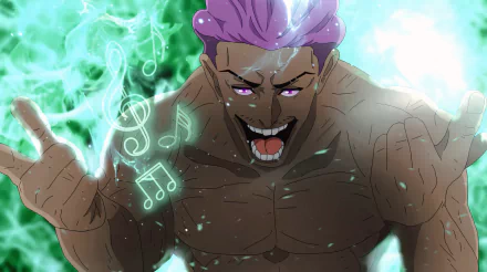 HD desktop wallpaper featuring Kinji Hakari from Jujutsu Kaisen anime, with vibrant energy and musical notes emanating from him.