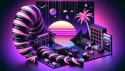 HD desktop wallpaper featuring a vibrant retro-futuristic scene with licorice-inspired spirals, neon landscape, and sunset backdrop.
