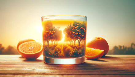 HD wallpaper featuring a refreshing glass of orange juice with oranges on a wooden surface against a vibrant sunrise backdrop.