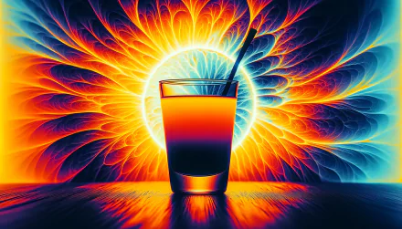 Vibrant HD desktop wallpaper featuring a glass of orange juice with a dynamic, colorful abstract background resembling a fiery sunrise.