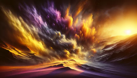 HD wallpaper depicting a vivid and dramatic sandstorm in a desert, with swirling colors across the sky.
