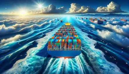 HD wallpaper featuring a container ship sailing on a vibrant ocean with clouds and sun rays in the background.