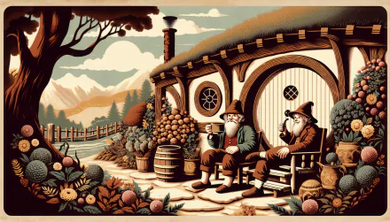 A whimsical HD wallpaper featuring two hobbits relaxing outside a cozy dwelling, surrounded by lush foliage and a scenic landscape of mountains and trees.
