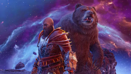 HD wallpaper featuring Kratos from God of War: Ragnarök, standing next to a fierce bear against a cosmic background, showcasing the epic style of the video game.
