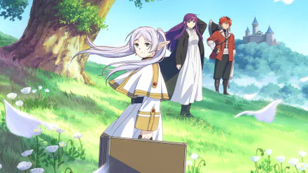 A serene HD wallpaper featuring characters from Frieren: Beyond Journey's End, with the protagonist in focus, standing in a lush landscape with companions in the background.