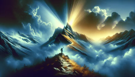 High-resolution desktop wallpaper of a person standing victoriously on a mountain peak with dramatic sunrise and clouds, symbolizing success.
