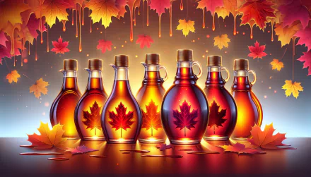 HD desktop wallpaper featuring maple syrup bottles among colorful falling leaves, encapsulating autumn's essence as a vibrant background.