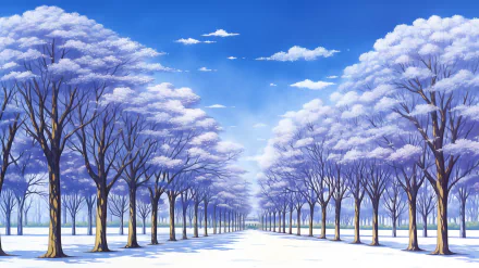 Anime-style landscape HD wallpaper featuring a serene snowy tree-lined avenue with a clear blue sky.