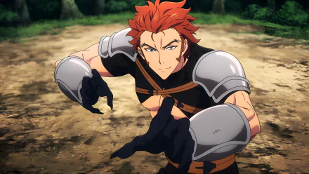 HD PC desktop wallpaper of Solo Leveling's Baek Yoon-Ho: red-haired warrior in silver armor crouched on a forest floor, gauntleted hands stretched forward.