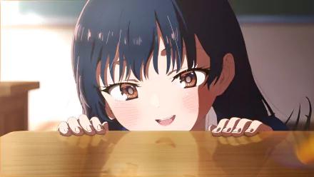 Close-up of Anna Yamada from the anime The Dangers in My Heart, illustrated in vibrant 8K Ultra HD detail, peeking over a wooden surface with a playful expression.
