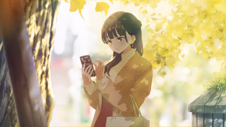 Anime-style 8K Ultra HD desktop wallpaper of Anna Yamada from The Dangers in My Heart, standing under golden autumn leaves while looking at her phone.