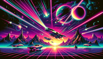 A vibrant, HD space opera wallpaper featuring a futuristic landscape with neon colors, flying ships, and dramatic cosmic elements against a stunning sunset backdrop.