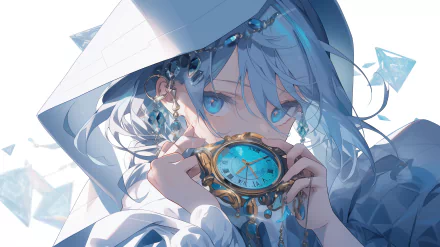 HD anime girl desktop wallpaper featuring a character with striking blue eyes holding a golden compass, set against a crystalline blue background.