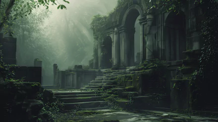 Ancient ruins enveloped in lush greenery, with moss-covered steps and majestic stone arches, create a serene and atmospheric HD desktop wallpaper.