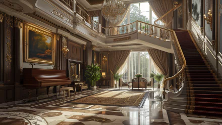 A luxurious interior with a grand staircase, elegant furnishings, and a chandelier, showcasing opulence and style in this HD desktop wallpaper and background.
