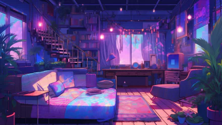 Anime style bedroom with vibrant colors, plants, and a cozy ambiance as an HD desktop wallpaper.