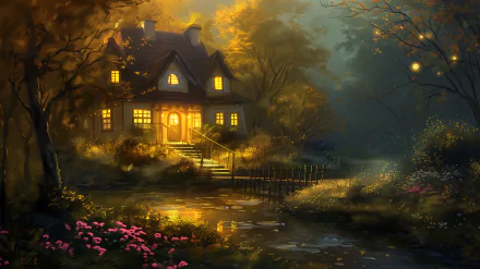 HD desktop wallpaper featuring an idyllic dream home with warm lights surrounded by a mystical forest and a serene pond, tagged as dream home background.