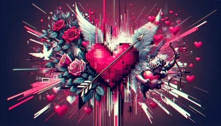 Happy Valentine's Day HD desktop wallpaper featuring a stylized heart with roses and cupid in a dynamic, colorful design.