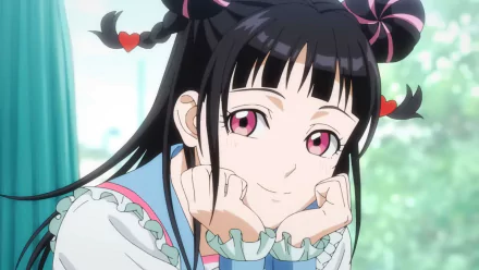 A vibrant HD wallpaper featuring a character from the anime Bucchigiri?! with pink eyes and playful hair, set against a bright, cheerful background.