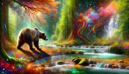 HD wallpaper featuring a grizzly bear in a vibrant, mystical forest with a colorful, magical river backdrop.