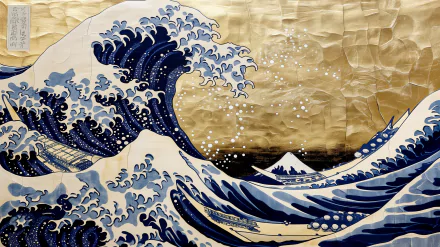 A stunning HD depiction of The Great Wave off Kanagawa, featuring dynamic waves, tranquil water, and Mount Fuji, all rendered in the classic Ukiyo-e style on a golden background.