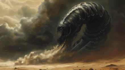 High-definition desktop wallpaper featuring an artistic rendering of a colossal sandworm emerging from the desert sands under a stormy sky.