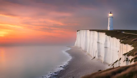 A stunning sunset view from a cliff with a majestic lighthouse in the background. Perfect HD wallpaper for your desktop.