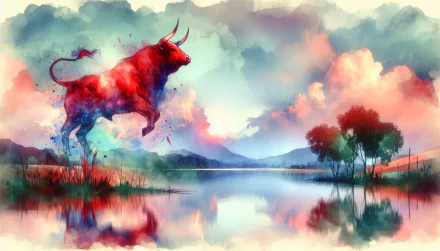 Artistic Red Bull illustration wallpaper with vibrant watercolor background of sunset and lake reflection for desktop HD.