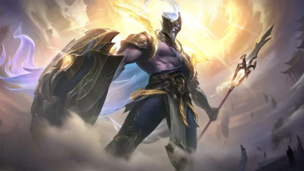 HD wallpaper featuring the League of Legends character Pantheon, poised for battle with his spear and shield, set against a dynamic, battle-inspired backdrop.