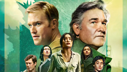 HD wallpaper featuring cast of TV show 'Monarch: Legacy of Monsters' with a stylized green background and series title.