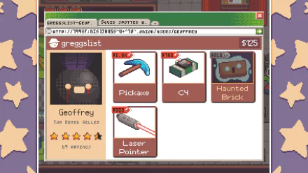HD desktop wallpaper from the video game Turnip Boy Robs a Bank featuring an in-game shop interface with items for sale such as a pickaxe, C4, haunted brick, and laser pointer.