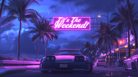 HD desktop wallpaper featuring a retro car under a neon It's The Weekend sign with a vibrant twilight streetscape background.